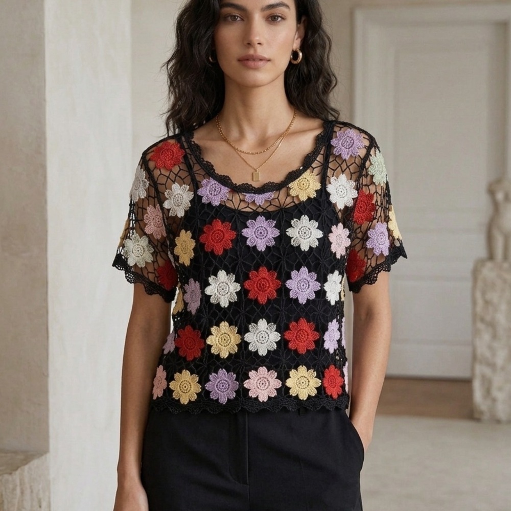 Vintage Crochet Floral Blouse Metal Shiny Embellishments Multicolor Flowers S/M